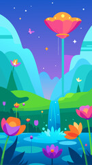 Vibrant fantasy landscape with glowing flowers and a waterfall under a starry sky