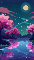 Enchanting night landscape with pink cherry blossom trees reflecting in a tranquil lake under a full moon