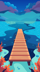 Wooden pier extending into a tranquil blue lake with mountains and clouds in the background