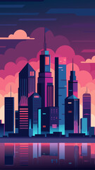 Vibrant cityscape with modern skyscrapers reflected in water at sunset