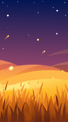 Whimsical landscape with glowing orbs and shooting stars at dusk