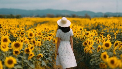 Woman in white dress and hat walking through sunflower field summer landscape nature travel concept blooming flowers countryside freedom and relaxation outdoor lifestyle - Powered by Adobe