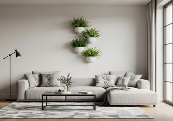 Modern living room with l-shaped sofa floating plants and industrial lamp