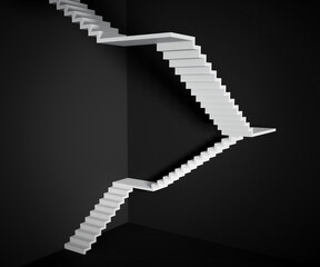 White stairs against dark walls; abstract architectural scene with steps; minimal design elements; 3d rendering, 3d illustration