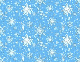 Seamless pattern of white snowflakes and sprigs on a light blue background