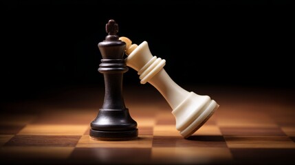 checkmate. Black chess queen piece knocking over white king on a wooden chessboard. lifestyle magazines, social media lookbooks, designed for lifestyle magazines and social media content.
