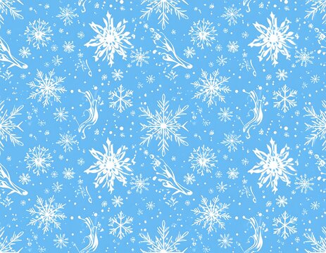 Seamless pattern of white snowflakes and sprigs on a light blue background