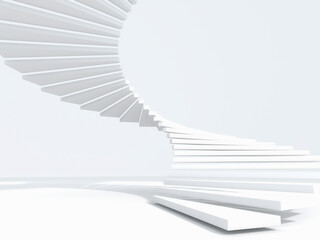 White spiral stairs on bright background; abstract steps, concept of success; minimal scene; architectural design elements; 3d rendering, 3d illustration