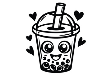 Black and white Boba tea doodle character surrounded by love hearts smiles sweetly
