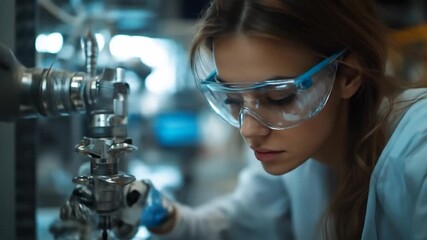 Focused scientist in protective eyewear examines complex machinery