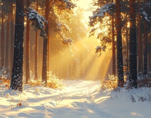 Sunlit, snow-covered path through a forest with tall, brown trees
