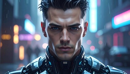 Cyberpunk Vigilance - A Focused Gaze in the Neon Cityscape.