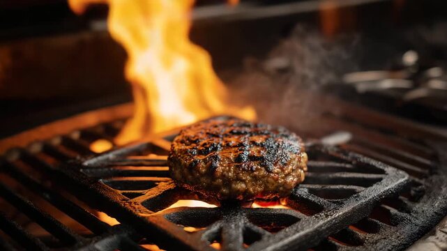 Juicy burger patty grilling on open flame barbecue with smoke and fire close up concept of cooking meat outdoors bbq restaurant fast food preparation