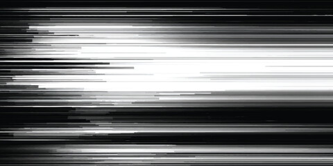 Dynamic black and white horizontal streak pattern with bright light, ideal for tech backgrounds or motion graphics design.