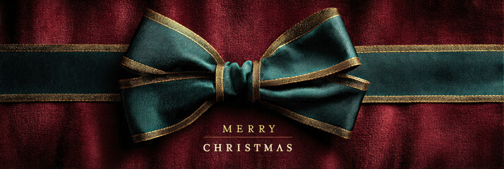 Close-up of velvet burgundy backdrop with emerald ribbon, gold-edged bow across center, plus Merry Christmas text. Horizontal luxury banner Copy space. For ads, web headers, greeting cards, posters