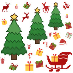 High-resolution pixel art Christmas pattern featuring trees, gifts, deer, and Santa’s sleigh. Perfect for wrapping paper, greeting cards, digital backgrounds