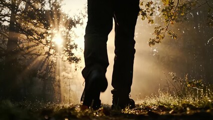 Silhouette of a person hiking through a misty forest during a beautiful golden sunrise.