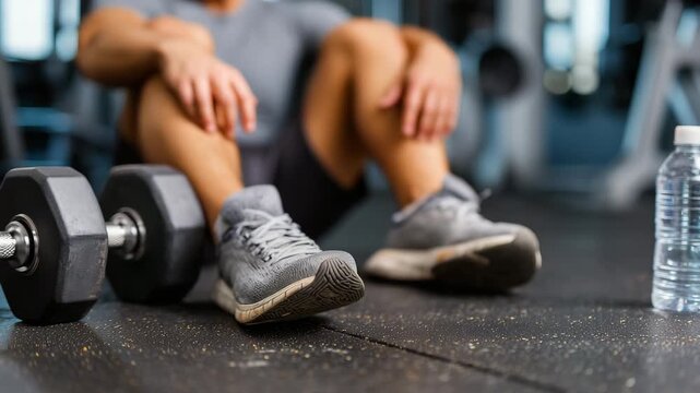 Athlete resting on gym floor after workout with dumbbell and water bottle concept of fitness training recovery hydration sport motivation healthy lifestyle and exercise routine - Powered by Adobe