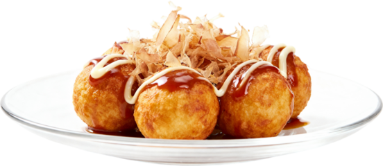 A Plate of Japanese Takoyaki Octopus Balls with Sauce and Bonito Flakes