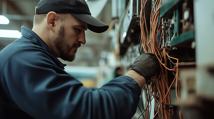 Focused technician in cap and gloves meticulously working with a complex array of colorful wires in an industrial setting, showcasing expertise and attention to detail.