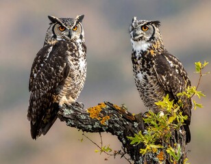 Two large owls perch together on a weathered branch in natural light
