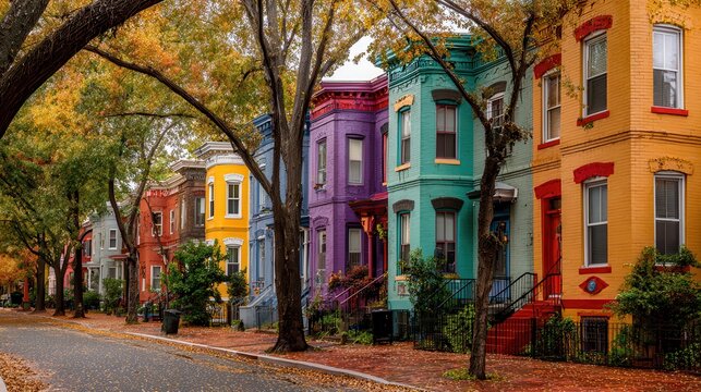 Fototapeta Colorful row houses in autumn in washington dc offer a vibrant scene.