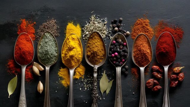Various colorful spices and herbs arranged in metal spoons on dark stone background culinary ingredients and seasoning concept