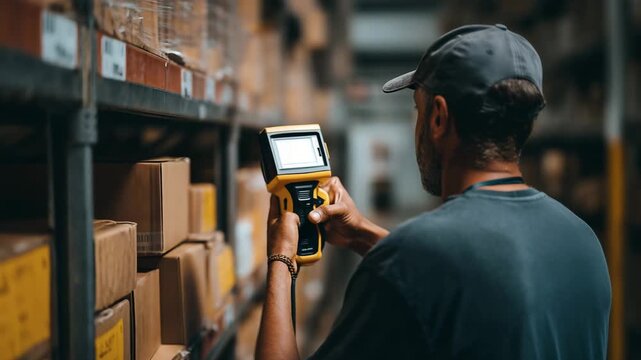 Warehouse worker scanning boxes with handheld barcode scanner logistics concept inventory management supply chain organization shipping and delivery industry technology
