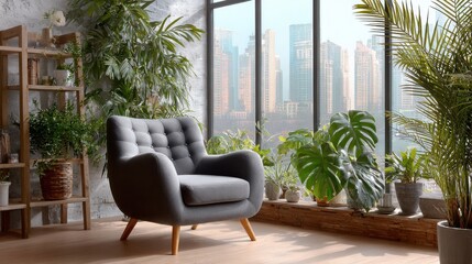 Cozy armchair and green plants near the window with city view.