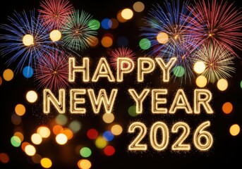 Celebrate happy new year 2026 with a spectacular fireworks display and bokeh lights