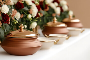 Elegant table setting featuring decorative brown bowls with golden lids and ornate serving dishes, set against a vibrant backdrop of white and red roses, creating a luxurious ambiance.
