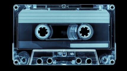 Obraz premium X-ray image of vintage cassette tape showing transparent internal reels and analog music technology on dark background