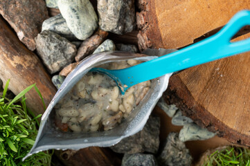 Overhead View. Cooked Freeze-Dried Pasta Bolognese in Pouch on Rocks and Grass.