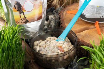 Quick Camp Food. Hot Dehydrated Meal for Hikers and Backpackers.