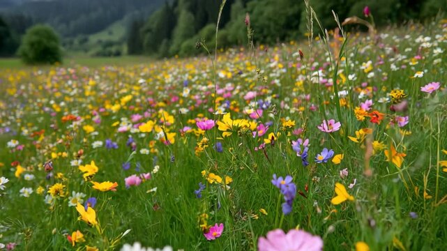 beautiful meadow with colorful wildflowers in full bloom green grass and mountain forest background natural spring landscape peaceful countryside scene photorealistic