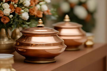 Two polished copper pots with lids and golden knobs sit on a brown table. A background with orange and white flowers add beauty. Warm tones create a sophisticated atmosphere.