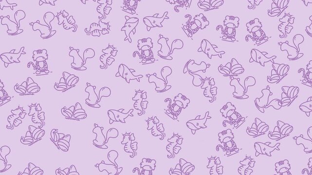 Cute Cartoon Animals Seamless Pattern Background Squirrel Tiger Seahorse Shark Snail Line Art