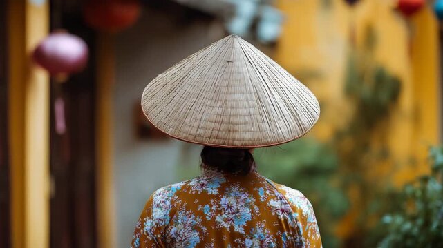 person wearing traditional asian conical hat non la walking outdoors street background cultural heritage vietnamese style travel photography rear view photorealistic