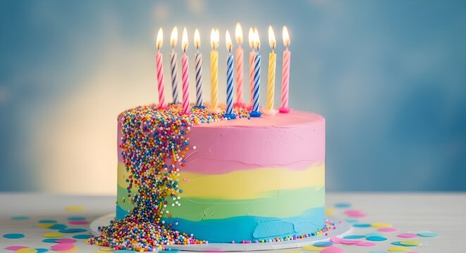 Pastel de cumplea&ntilde;os decorado con chispitas de colores y diez velas.