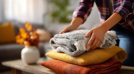 Hands fluffing throw blankets and pillows in autumn colors on sofa face not shown preparing living room for thanksgiving welcoming celebration space love and comfort aesthetic