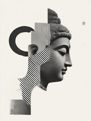 Graphical Buddha Head, Fragmented and isolatable, modern collage antique sculpture, 