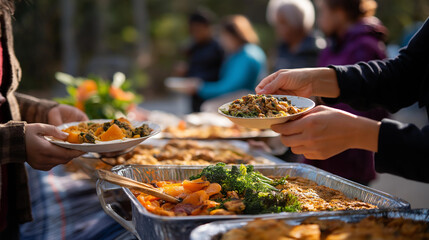 Hands arranging food at thanksgiving potluck picnic in park faces not shown blankets and baskets visible community celebration shared love non traditional gathering outdoor