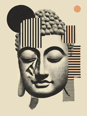 Graphical Buddha Head, Fragmented and isolatable, modern collage antique sculpture, 