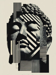 Graphical Buddha Head, Fragmented and isolatable, modern collage antique sculpture, 