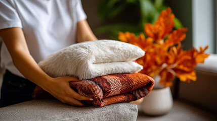 Hands fluffing throw blankets and pillows in autumn colors on sofa face not shown preparing living room for thanksgiving welcoming celebration space love and comfort aesthetic