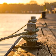 Dockside mooring at sunset, a tranquil scene of nautical connection.