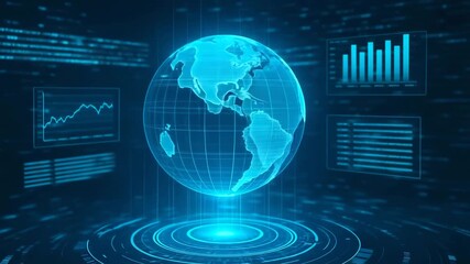 Futuristic digital globe representation with data overlays and charts. - Powered by Adobe