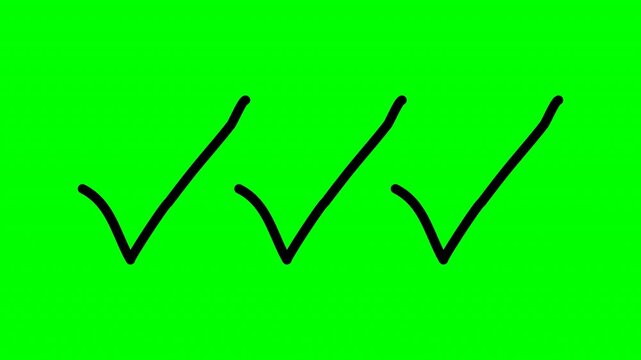 Animation of three hand draw black check marks appear in sequence on green background