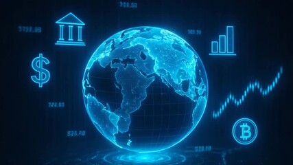 A digital representation of the globe showcasing financial data and cryptocurrency. - Powered by Adobe