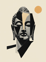 Graphical Buddha Head, Fragmented and isolatable, modern collage antique sculpture, 